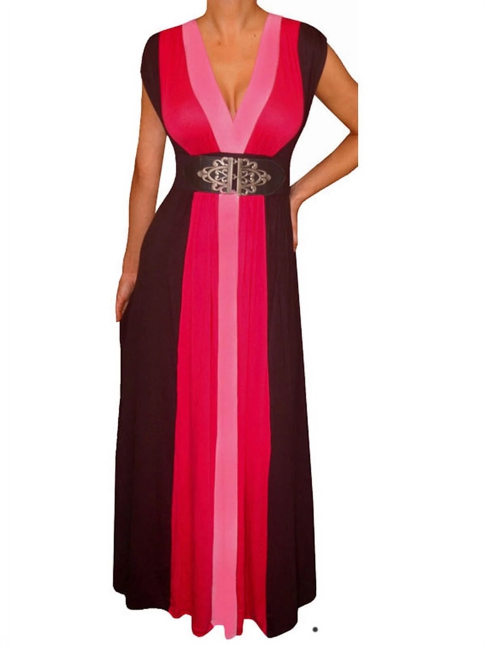 FunFash Black and Hot Pink V-Neck Colorblock Maxi Dress L